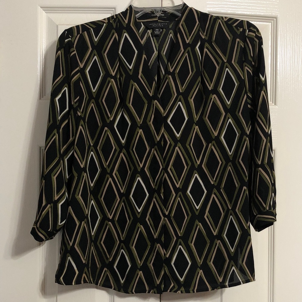 Investments Petites Blouse Size SP - Black and Olive Diamond Patterned